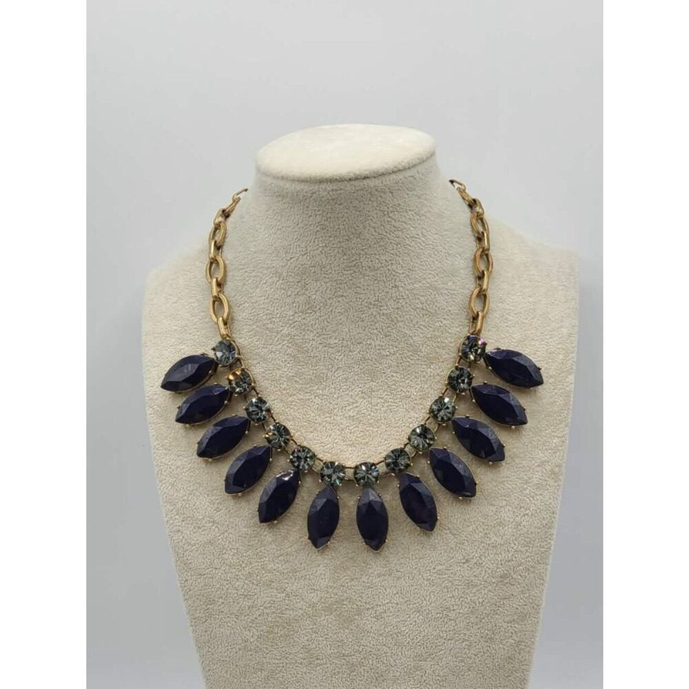 J Crew Vintage Blue Resin Blue Crystal Gold Tone Chunky Necklace